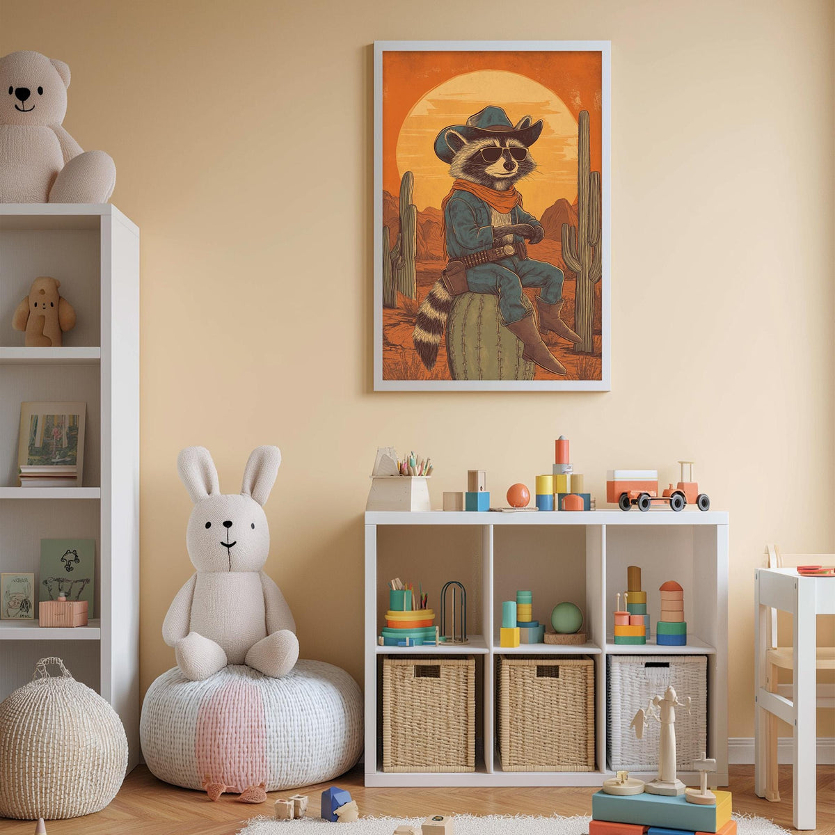 a child's bedroom with a large stuffed rabbit sitting on a bean bag chair, surrounded by various toys and storage bins. A framed illustration of a raccoon dressed as a cowboy is hanging on the wall above the storage bins.