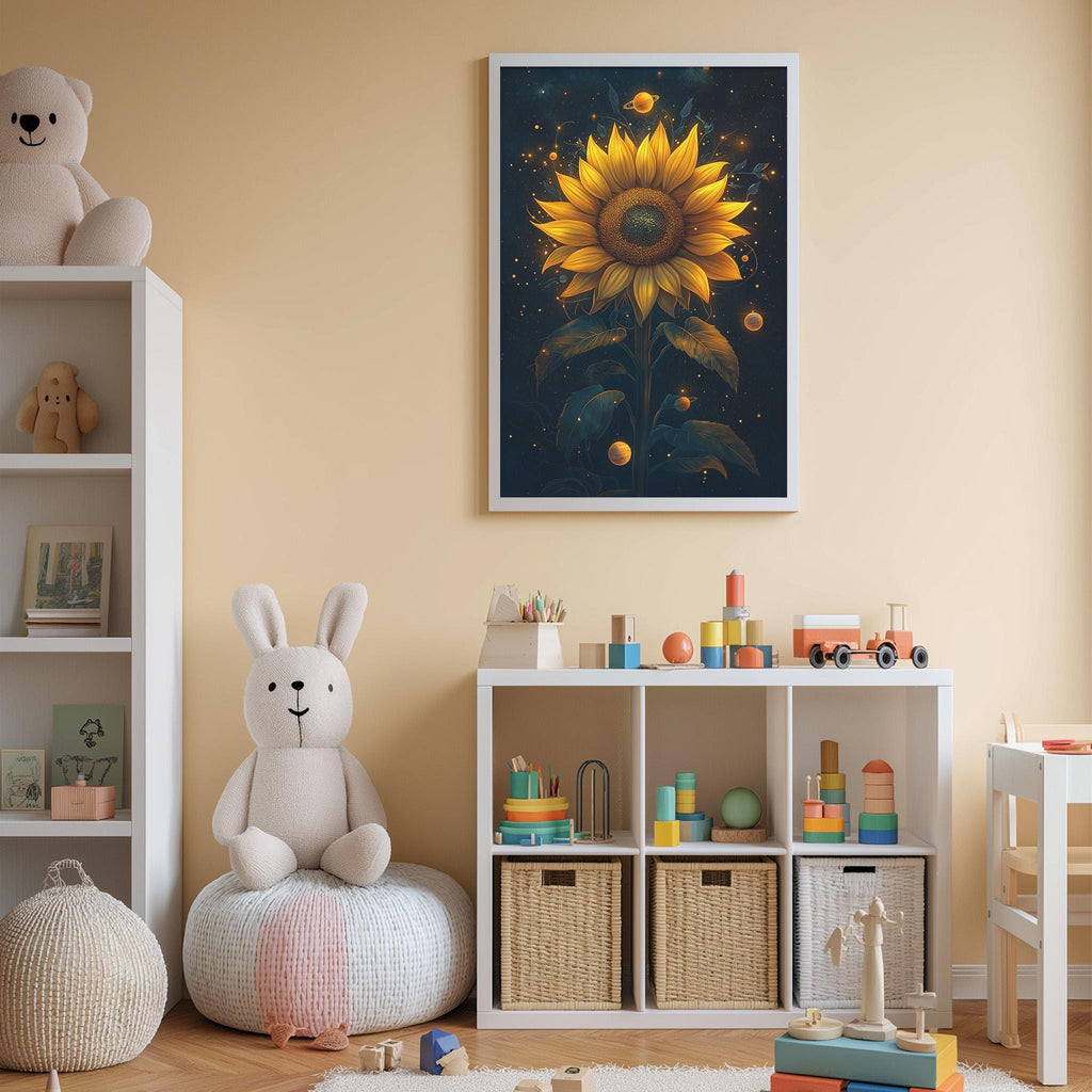 A cozy children's room with a white rabbit sitting on a bean bag chair, surrounded by toys and a bookshelf. A framed artwork of a sunflower is displayed on the wall above the bookshelf.