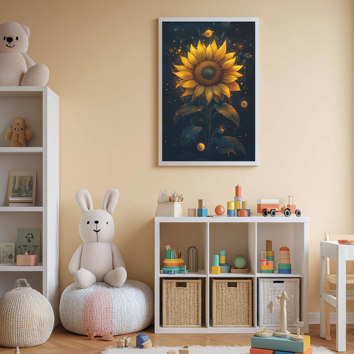 A cozy children's room with a white rabbit sitting on a bean bag chair, surrounded by toys and a bookshelf. A framed artwork of a sunflower is displayed on the wall above the bookshelf.