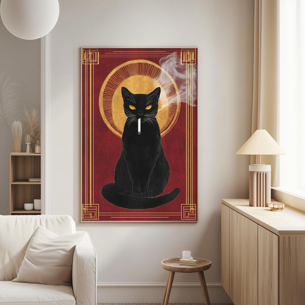 a black cat sitting on a red background with a golden circle above it, and smoke coming from the cat's mouth.