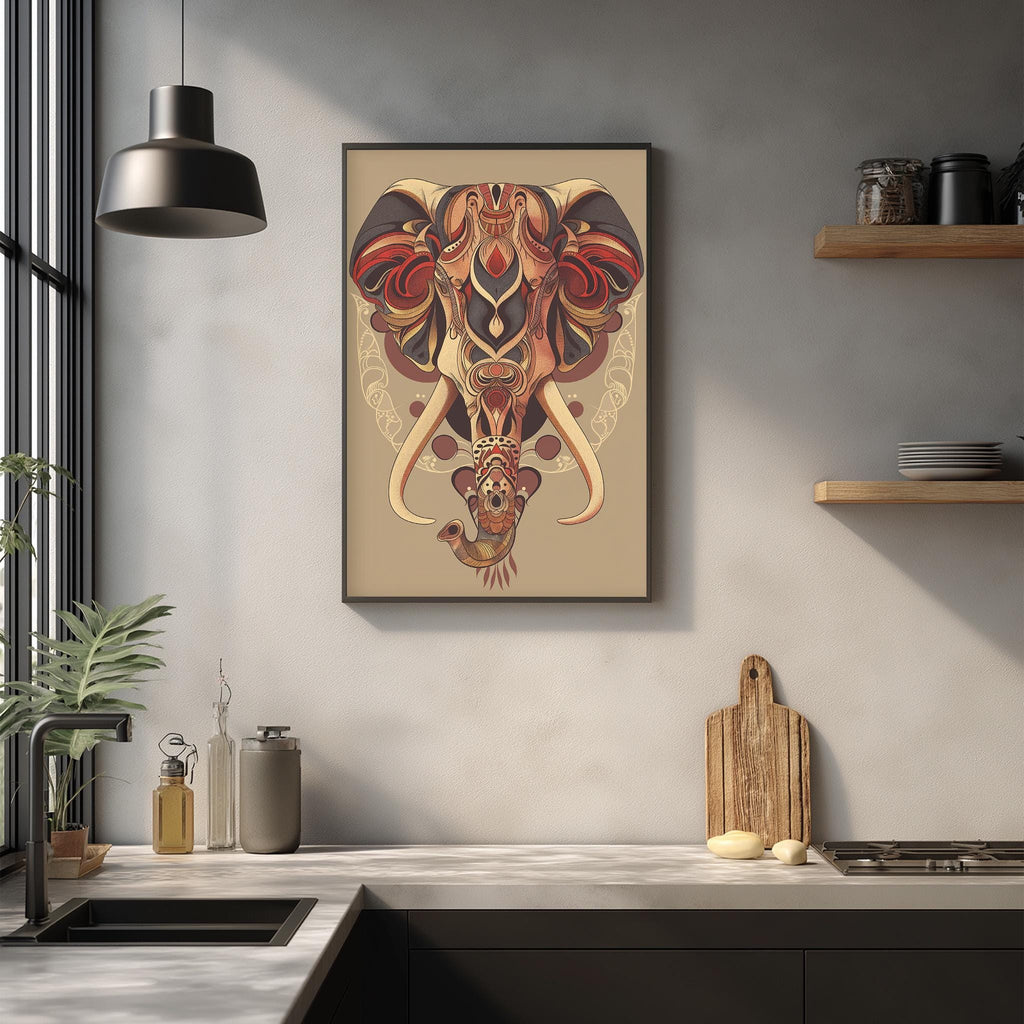a modern kitchen with a large, colorful elephant-themed artwork hanging on the wall above a wooden cutting board and other kitchen items.