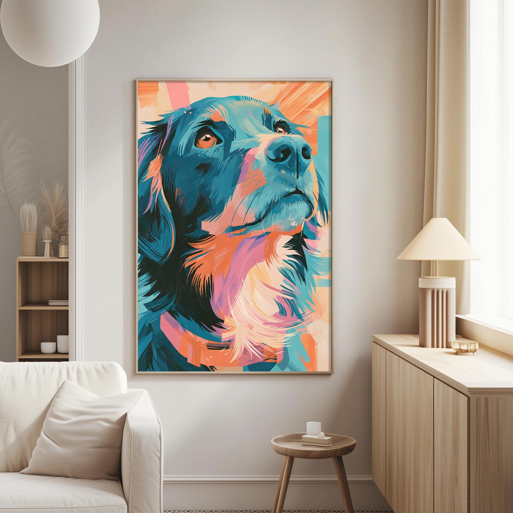 a large, colorful painting of a dog's face hanging on a wall in a living room.