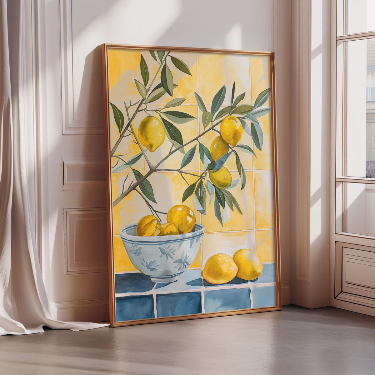A framed painting depicting a bowl of lemons on a table, with a tree branch and leaves in the background.
