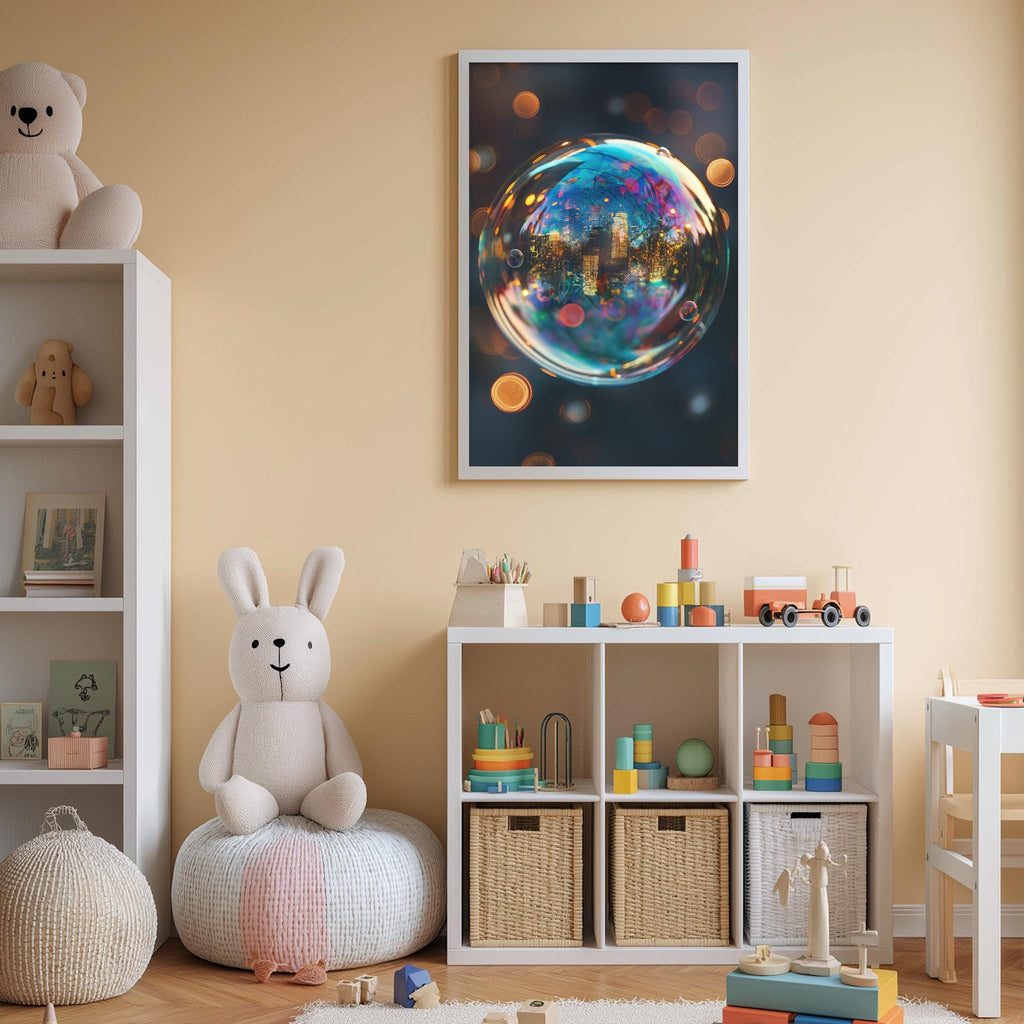 A child's bedroom with a white rabbit sitting on a bean bag chair, surrounded by toys and a colorful bubble-like object on the wall.