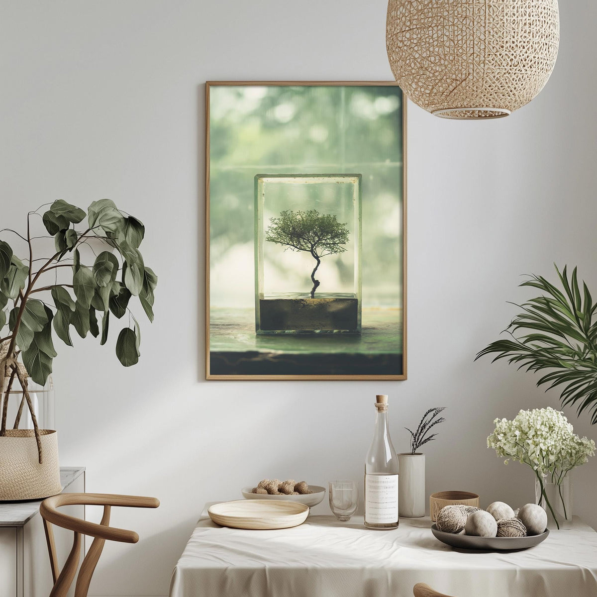 a serene indoor setting with a framed picture of a small tree in a glass box hanging on the wall. The table is set with various items, including a bottle, a bowl, and a vase with flowers. The room is decorated with potted plants and a woven light fixture, creating a calming and harmonious atmosphere.