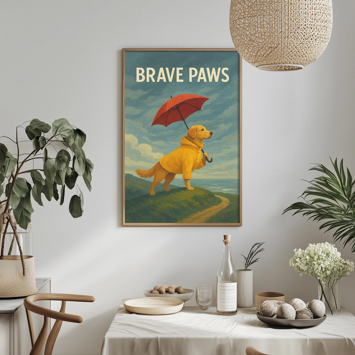 a framed painting of a yellow dog standing on a grassy hill, holding an umbrella, with the text "BRAVE PAWS" written above it. The painting is hanging on a wall, and there is a dining table with a vase of flowers, a bottle, and a bowl of fruit in the foreground.
