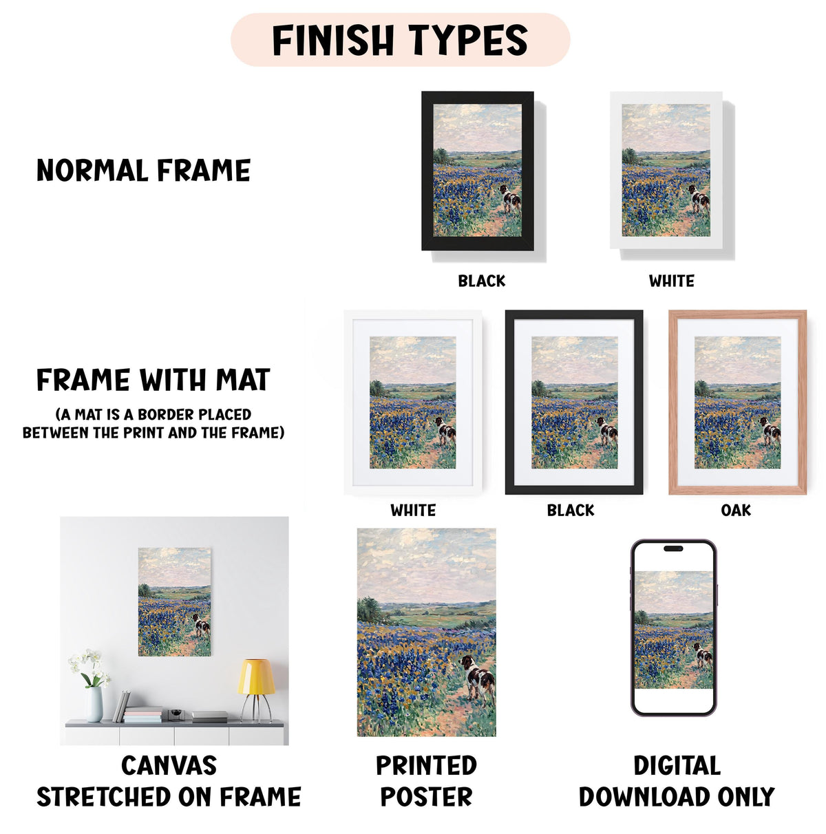 various finish types for paintings, including a normal frame, a frame with a mat, a white frame, a black frame, an oak frame, a white canvas stretched on a frame, a printed poster, and a digital download only.