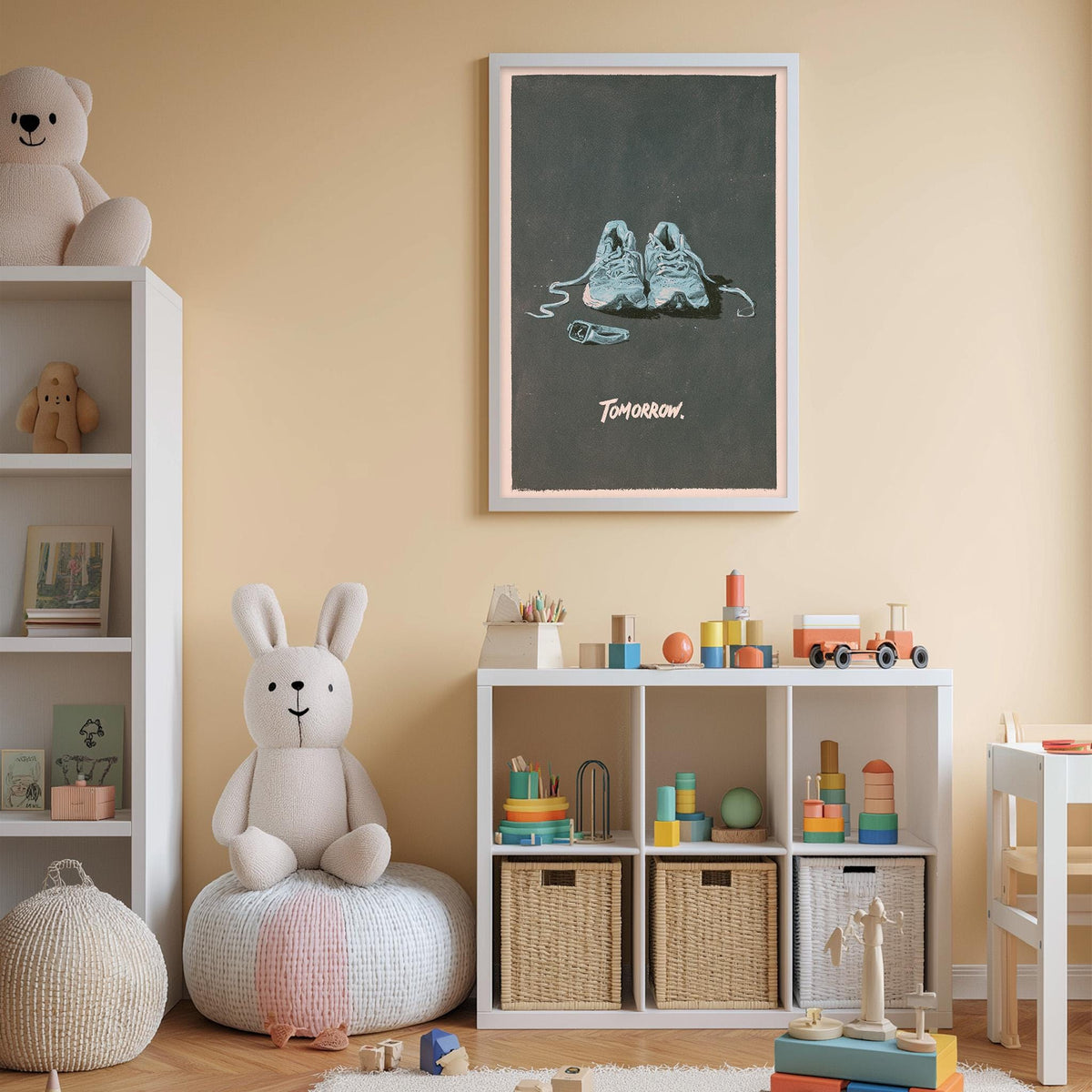A cozy children's bedroom with a white bookshelf, a plush rabbit, and a colorful toy box filled with toys. A framed poster with a cartoon image of a pair of shoes is hanging on the wall, and a shelf below the poster holds various toys and books.