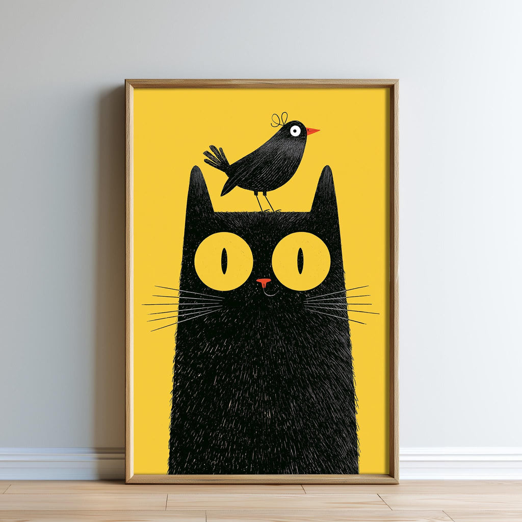 A framed illustration of a black cat with a bird perched on its head, set against a yellow background.