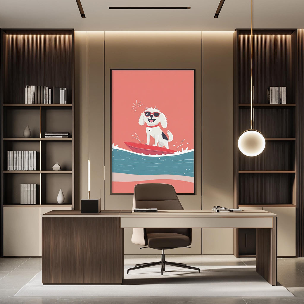 a modern office space with a large framed poster of a dog surfing on a red surfboard on the wall. The office has a wooden desk, a chair, and a bookshelf filled with books.