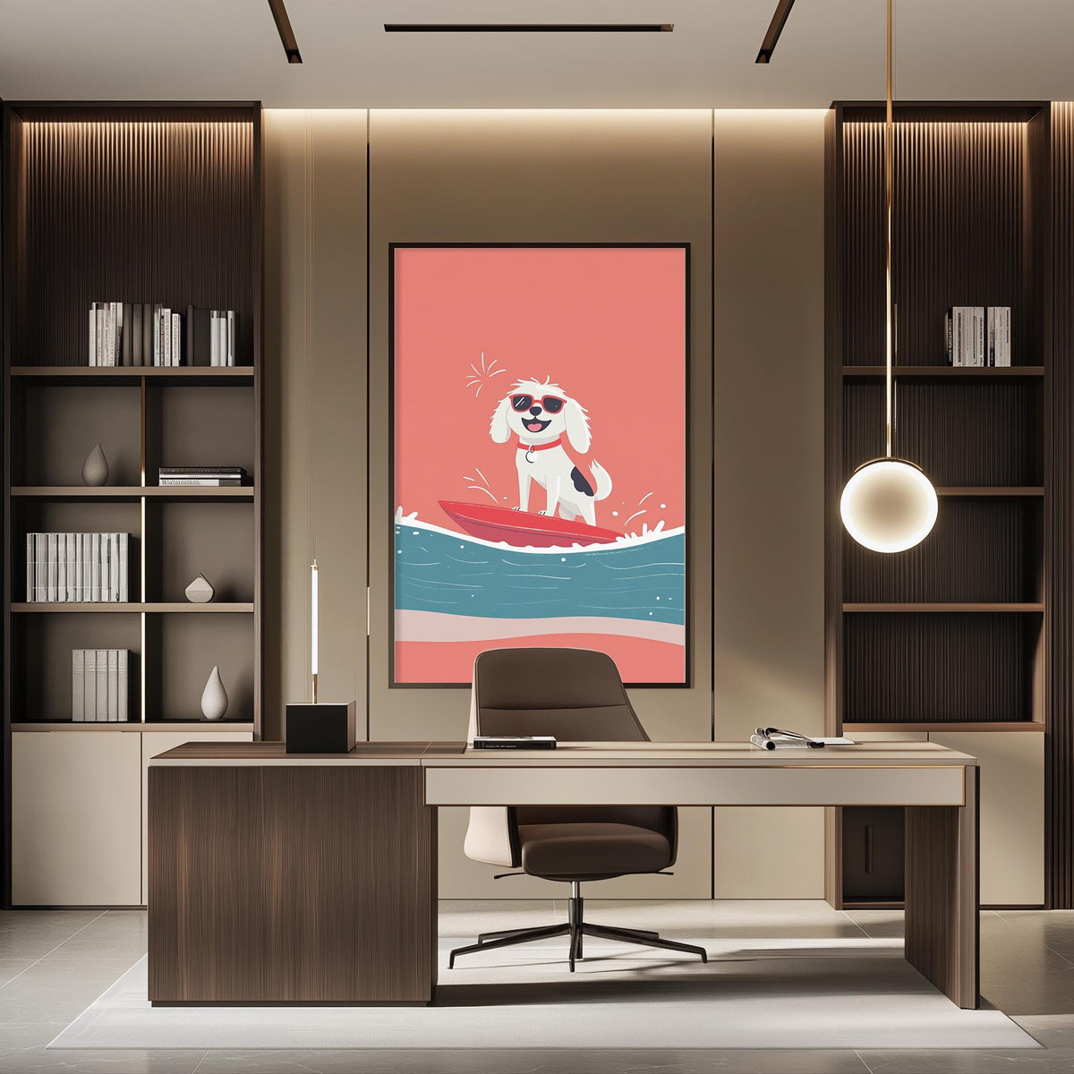 a modern office space with a large framed poster of a dog surfing on a red surfboard on the wall. The office has a wooden desk, a chair, and a bookshelf filled with books.