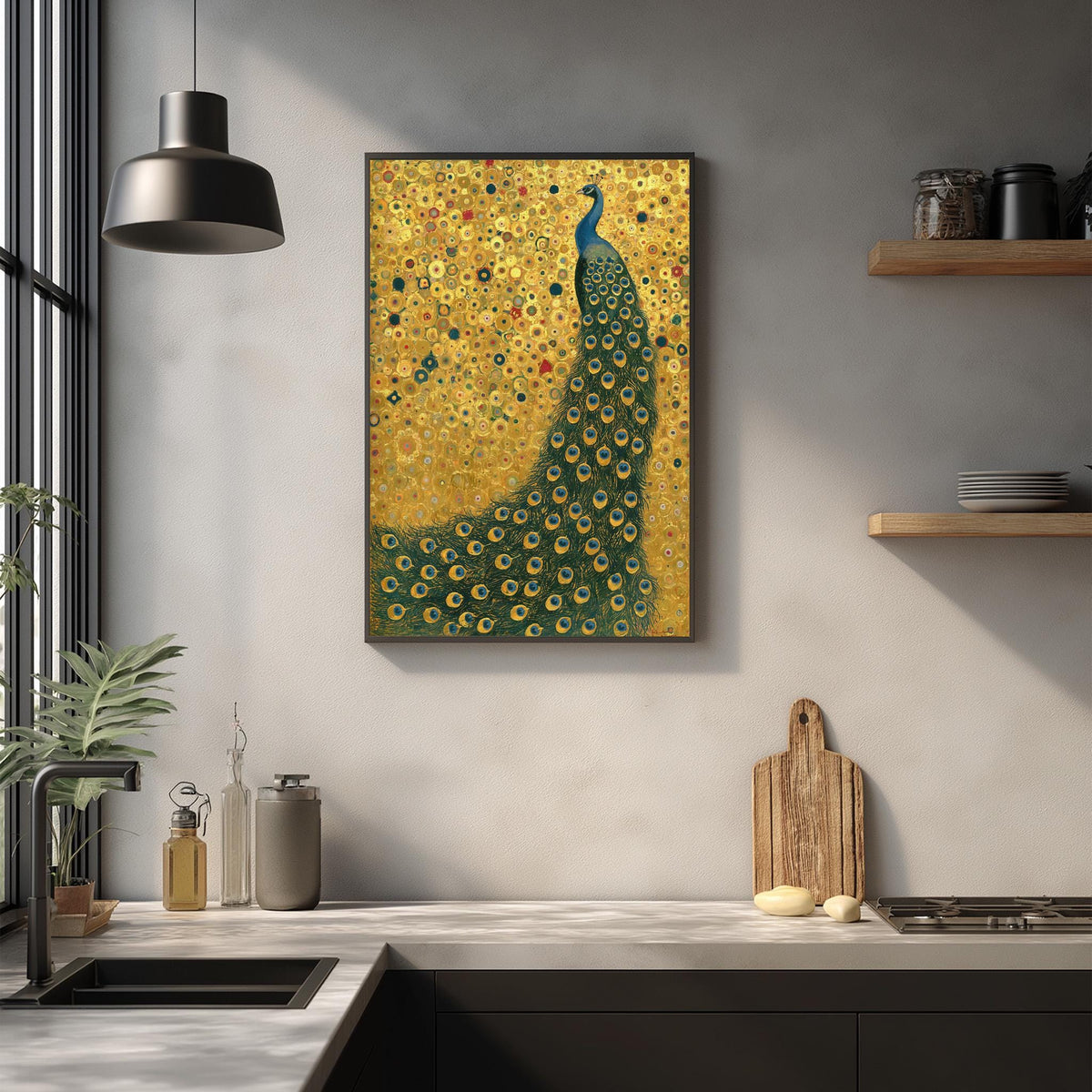 a framed painting of a peacock on a wall in a kitchen setting.