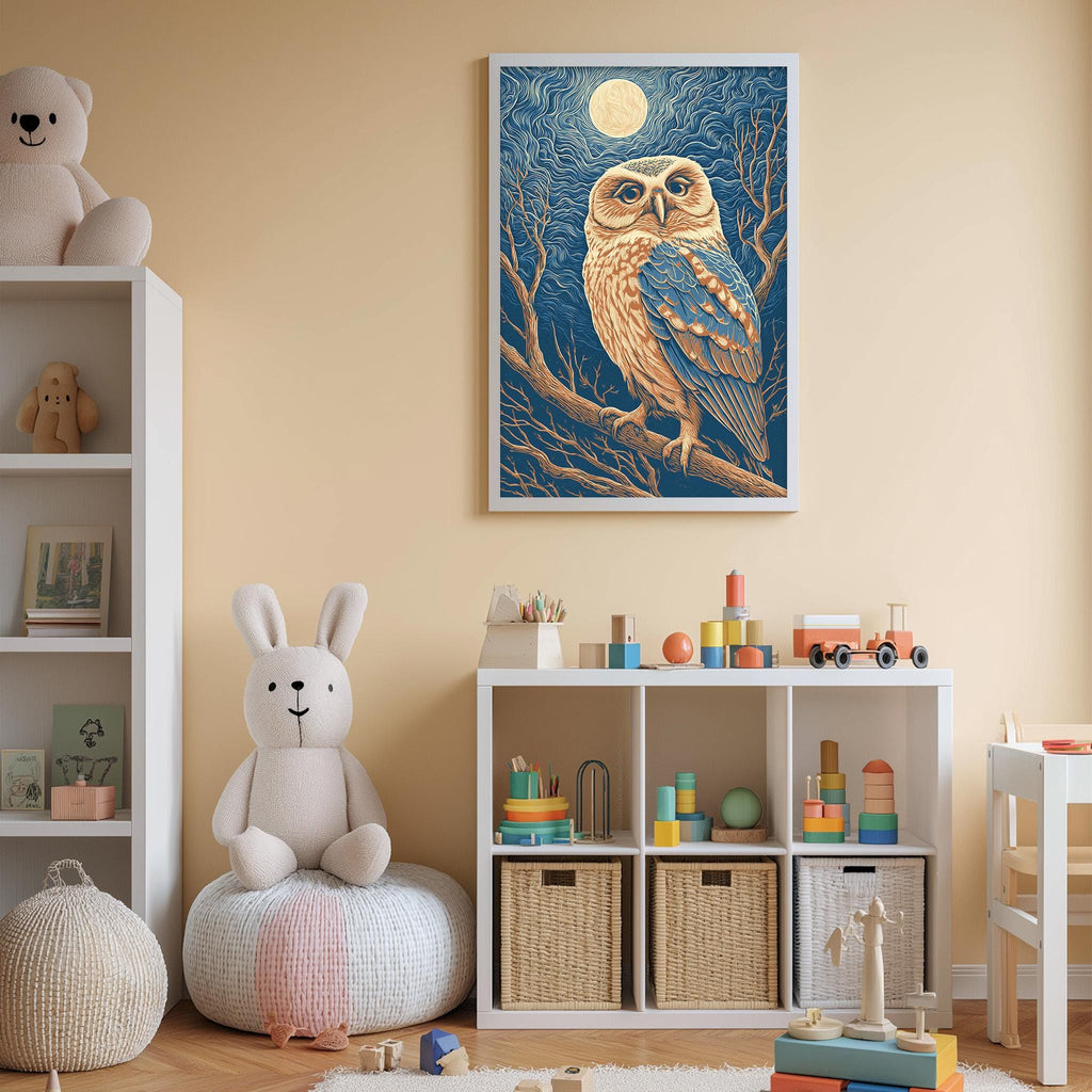 A cozy children's bedroom with a large owl painting on the wall, a stuffed rabbit, and a toy train set on a shelf.