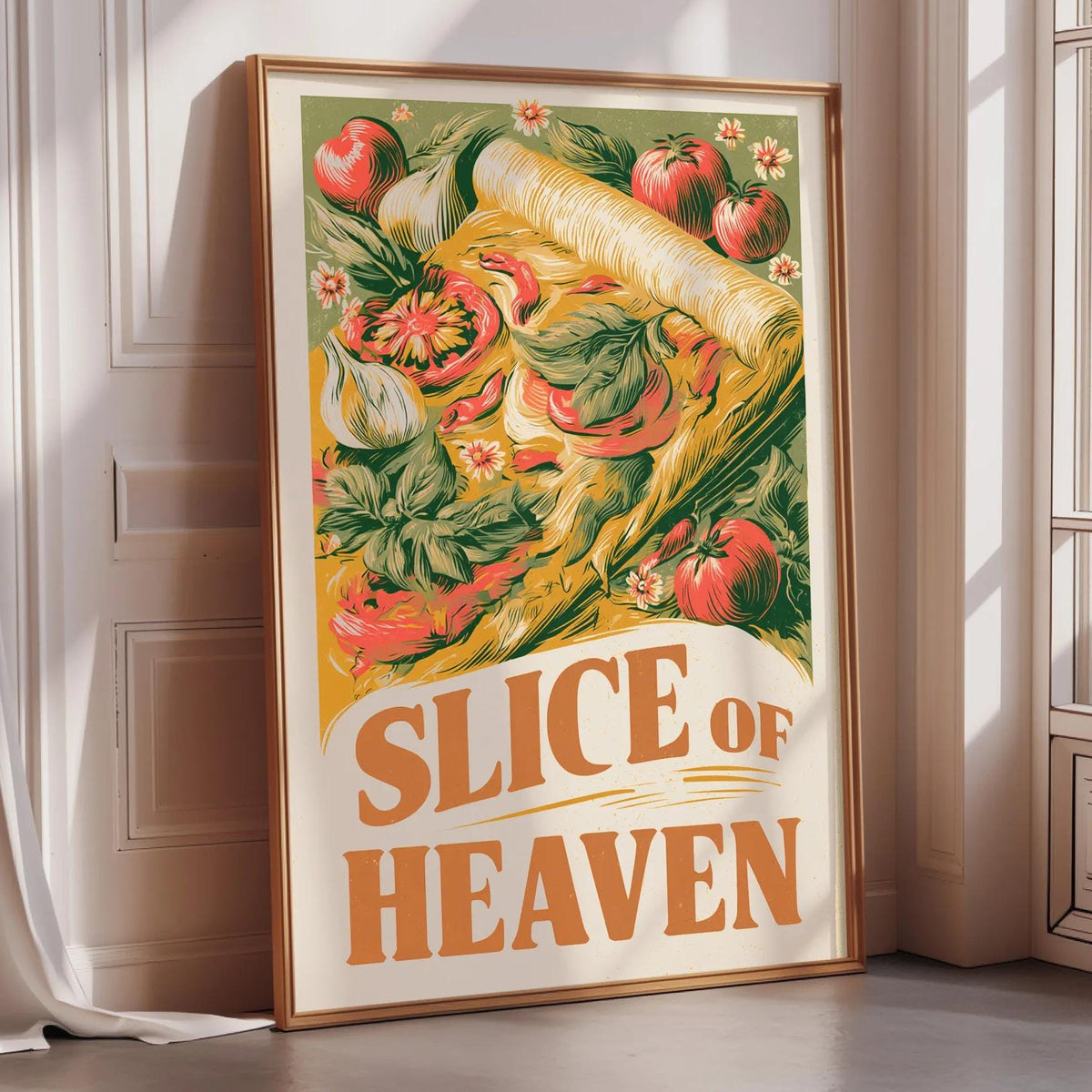a framed poster with a vibrant illustration of a slice of pizza surrounded by various vegetables, including tomatoes, basil, and other herbs. The poster has the text "SLICE OF HEAVEN" prominently displayed.