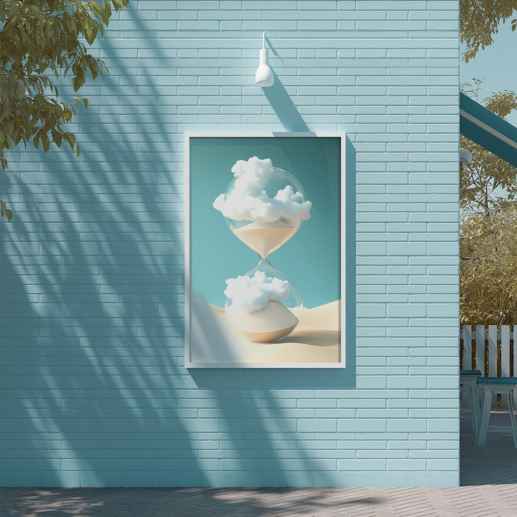 a blue brick wall with a framed artwork depicting a glass hourglass filled with white clouds, creating a serene and dreamy atmosphere.