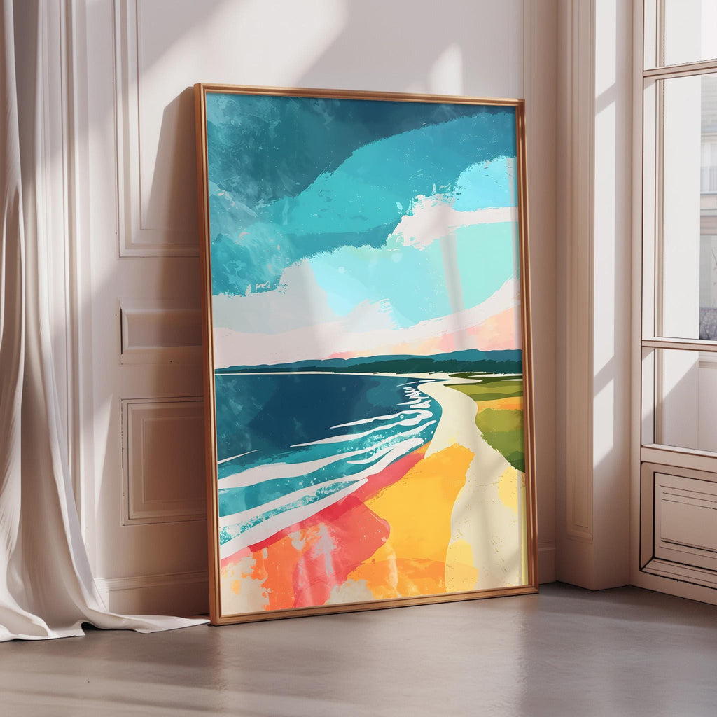 a large, colorful painting of a beach scene, with a blue sky, ocean, and sandy beach depicted in a vibrant and lively manner.