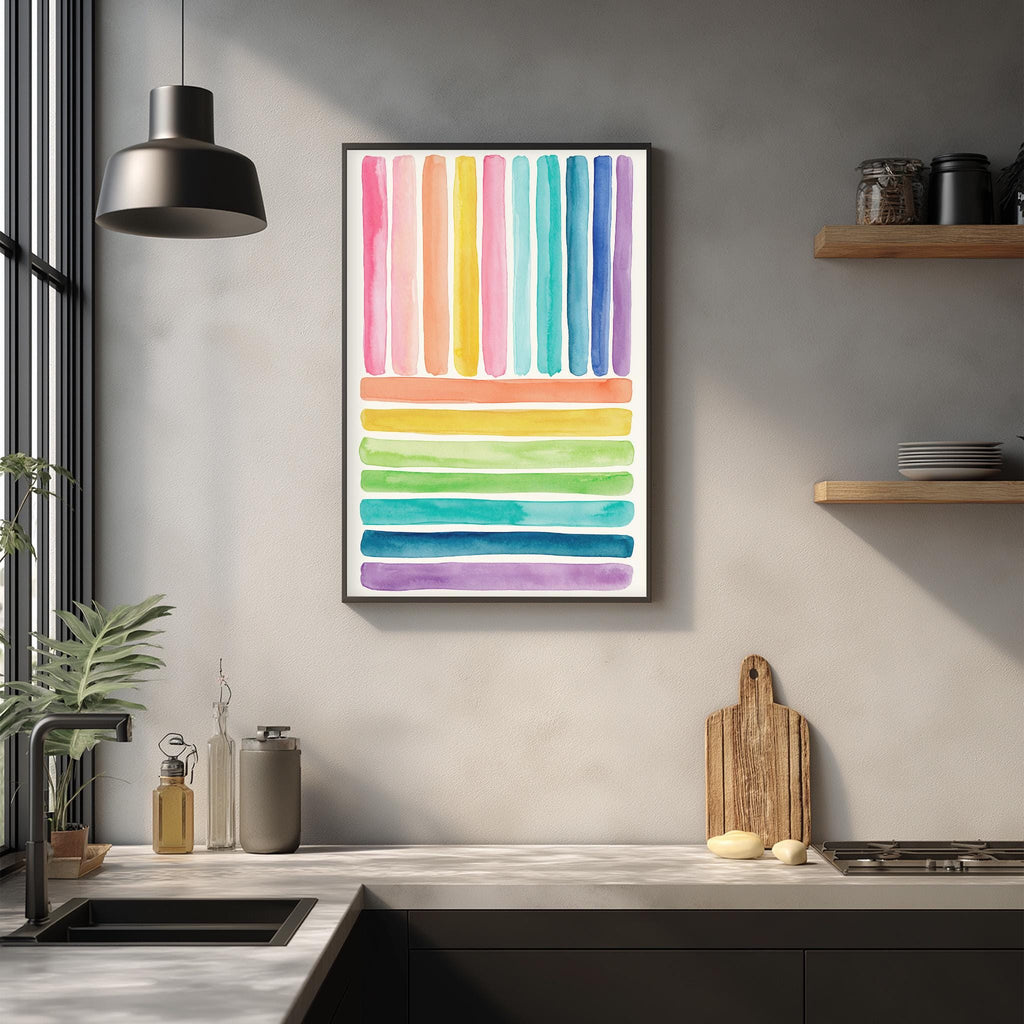 a kitchen counter with a framed abstract painting hanging above it, a wooden cutting board, and various kitchen items such as a bottle, a vase, and a bowl.