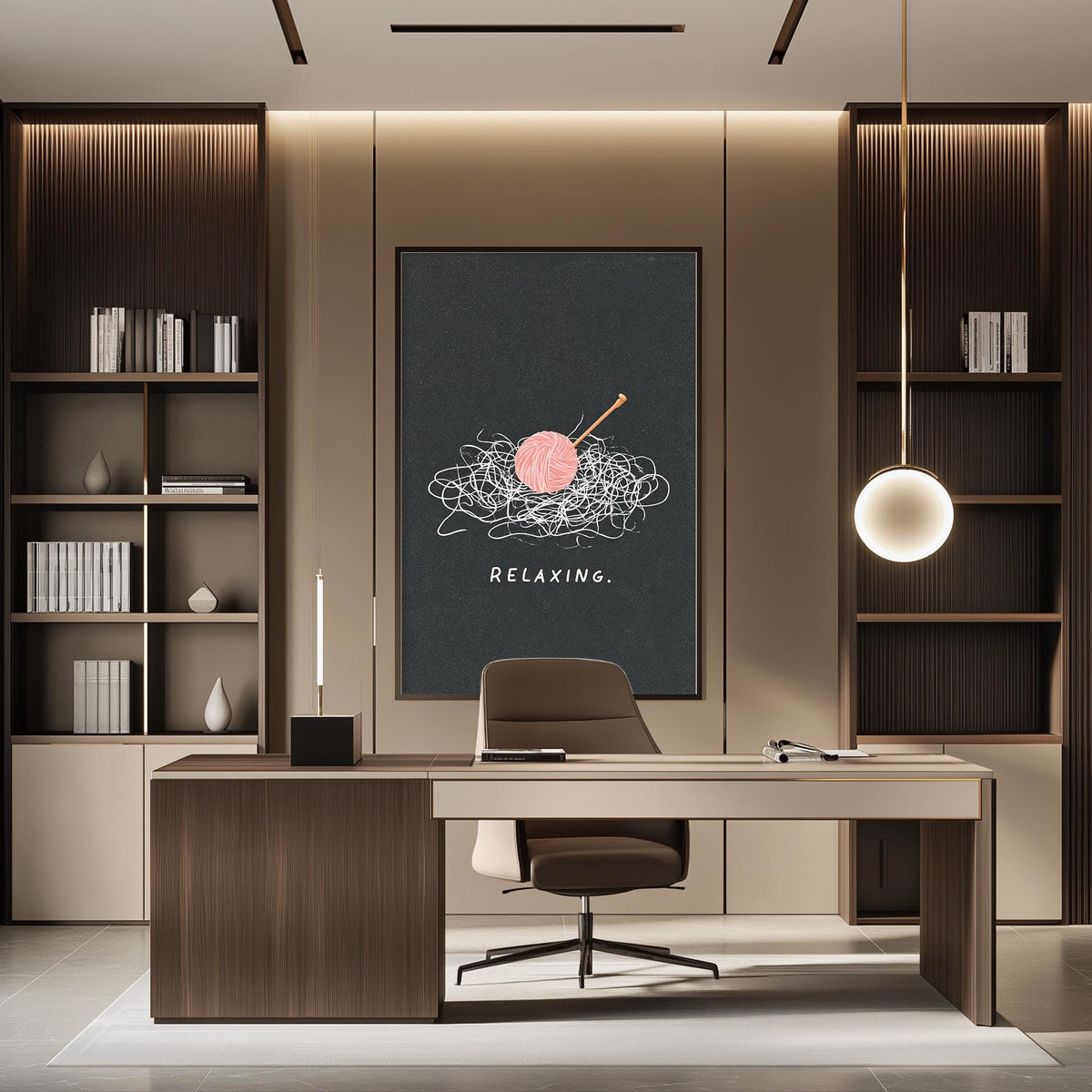 a modern and well-organized office space with a large black poster featuring a pink ball and a white yarn on the wall, along with a desk and chair.