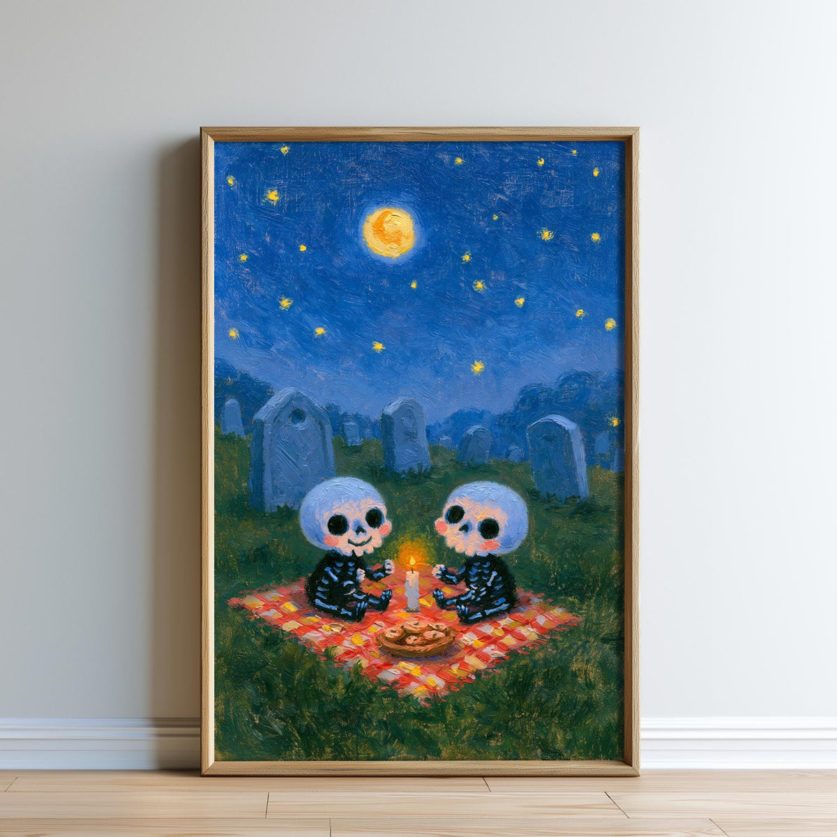 The image is a painting depicting two small, cartoon-like figures sitting on a blanket in a cemetery at night, with a full moon and stars in the sky.