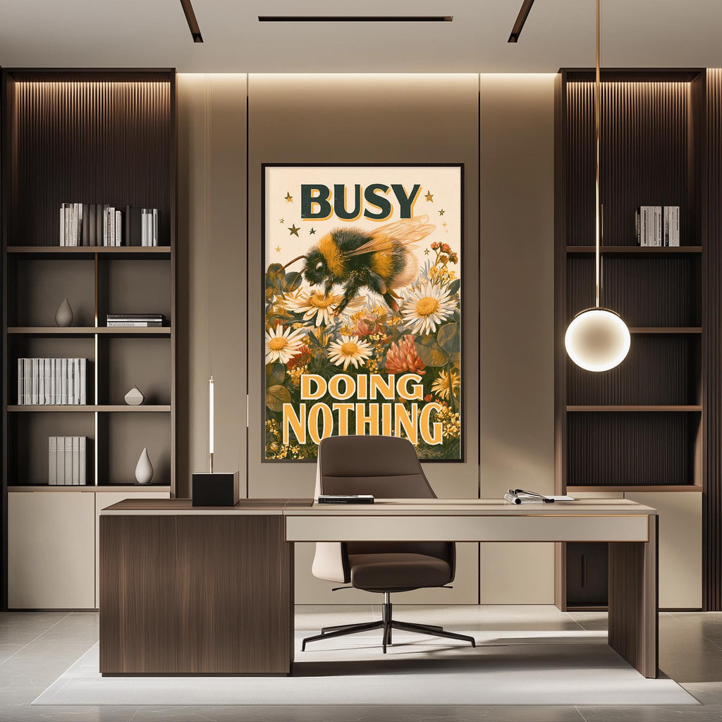 a modern office space with a large poster of a bee and flowers on the wall, a desk with a chair, and a bookshelf.