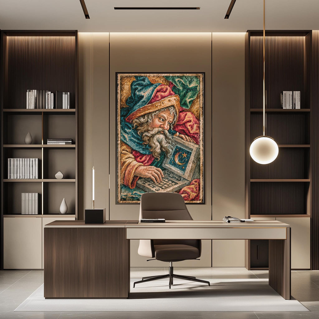 a modern office space with a large tapestry of a bearded man with a book in his hand hanging on the wall. The office has a wooden desk, a chair, and a bookshelf filled with books. The overall design and decor create a professional and comfortable atmosphere.