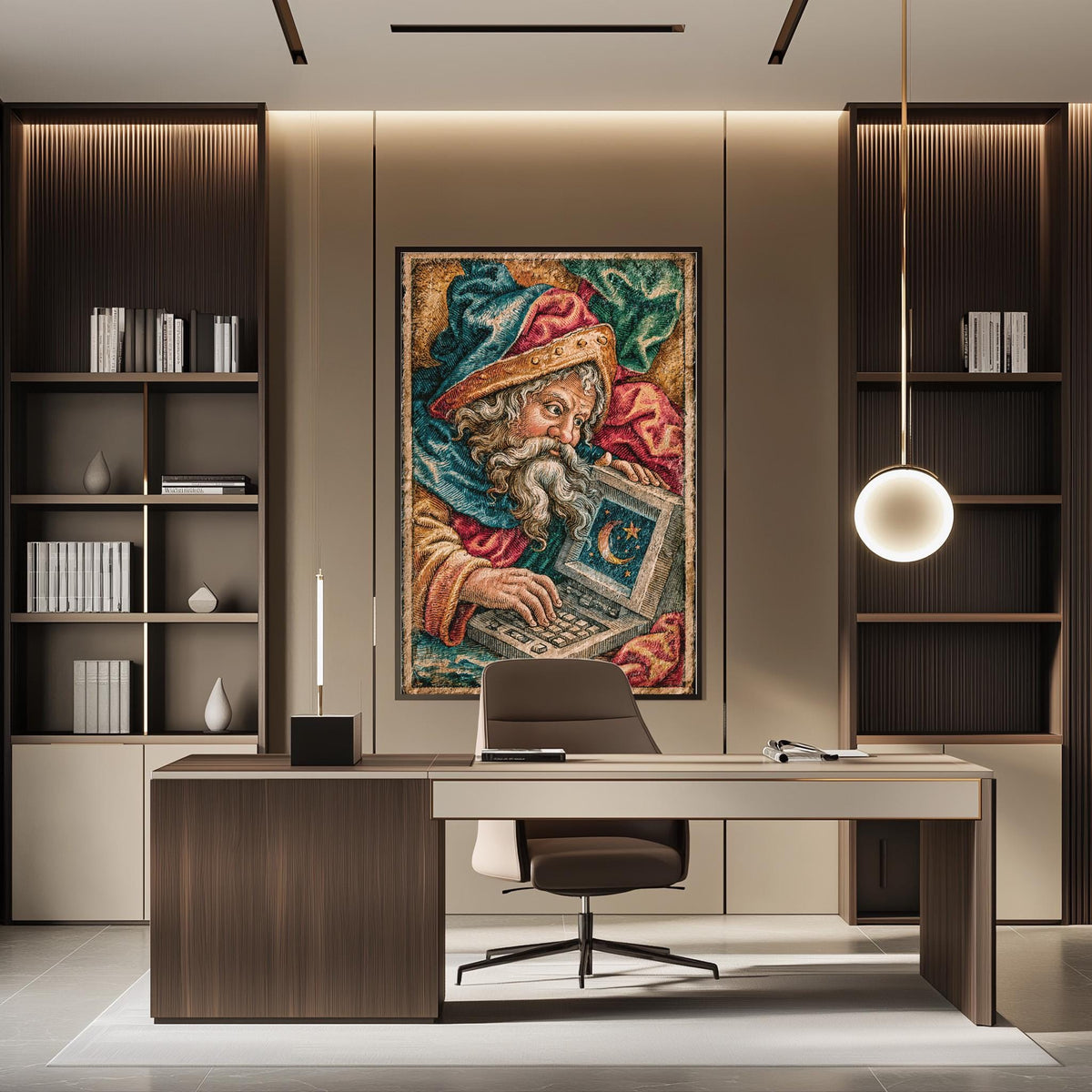a modern office space with a large tapestry of a bearded man with a book in his hand hanging on the wall. The office has a wooden desk, a chair, and a bookshelf filled with books. The overall design and decor create a professional and comfortable atmosphere.