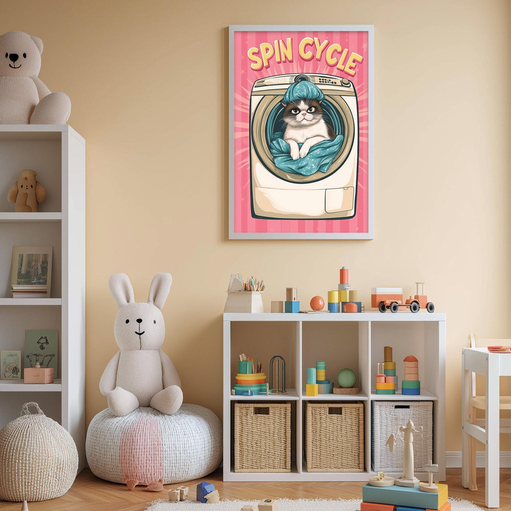 a child's bedroom with a pink poster featuring a cat inside a washing machine, surrounded by toys and a stuffed animal.