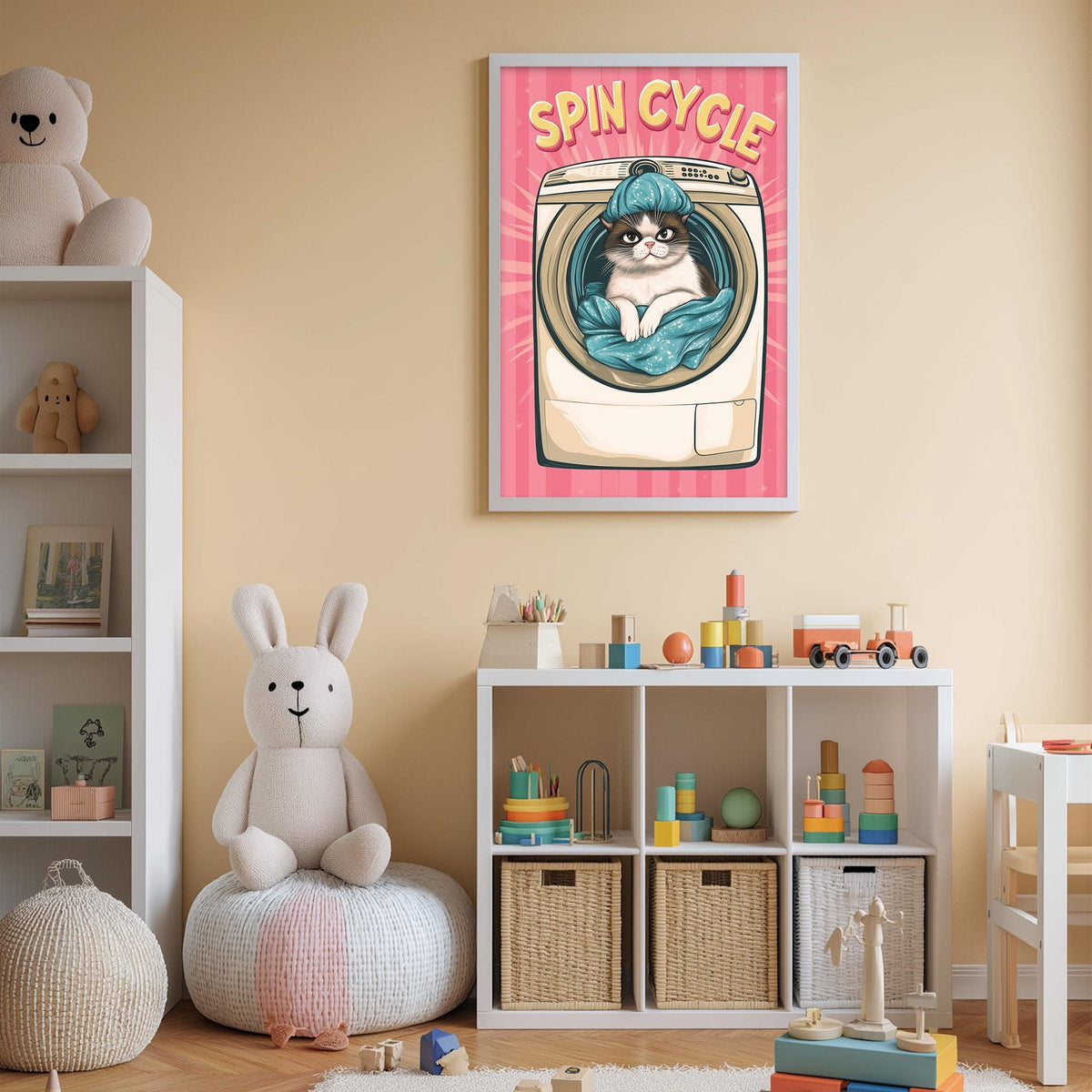 a child's bedroom with a pink poster featuring a cat inside a washing machine, surrounded by toys and a stuffed animal.
