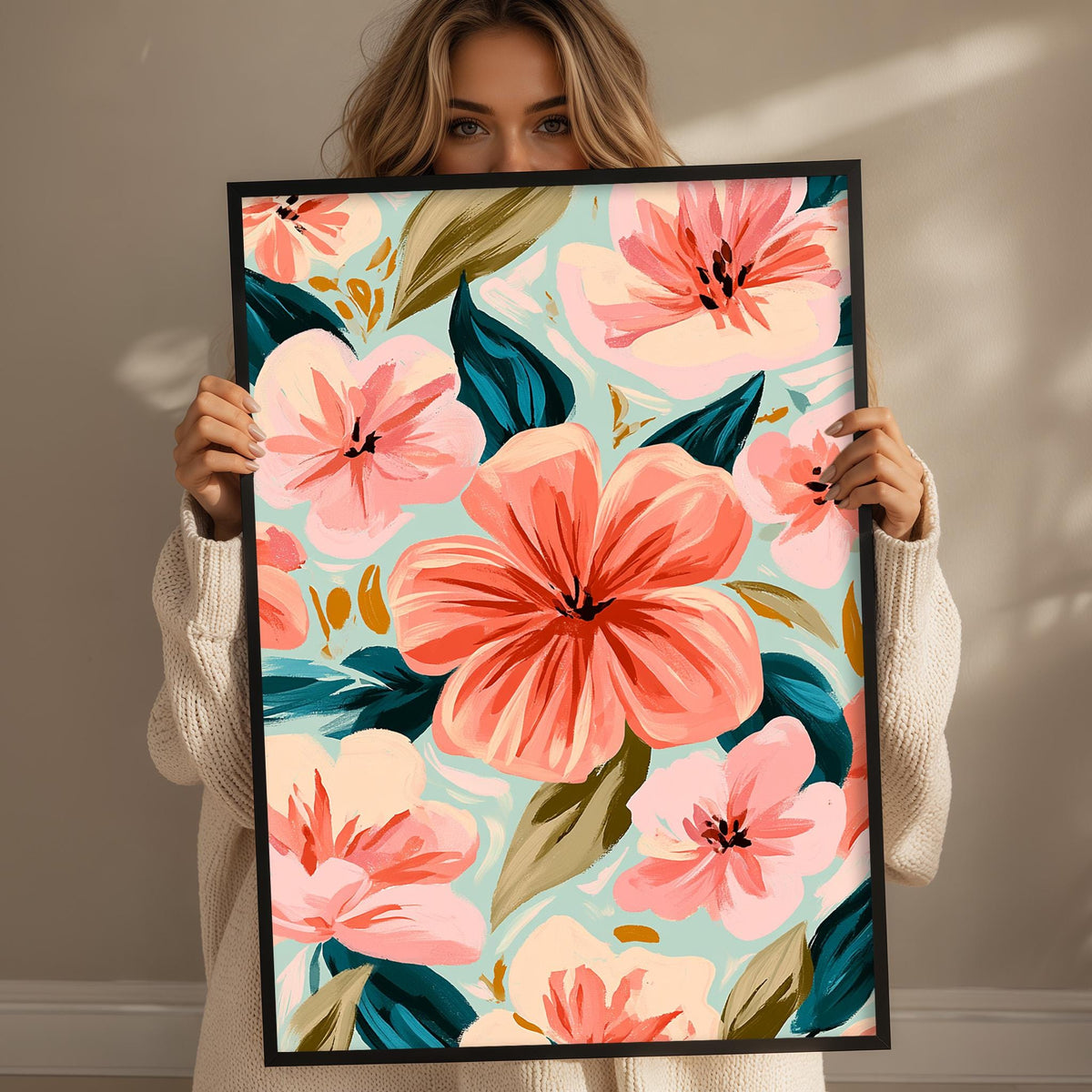 A woman is holding up a framed print with a vibrant floral design featuring pink and orange flowers against a light blue background.