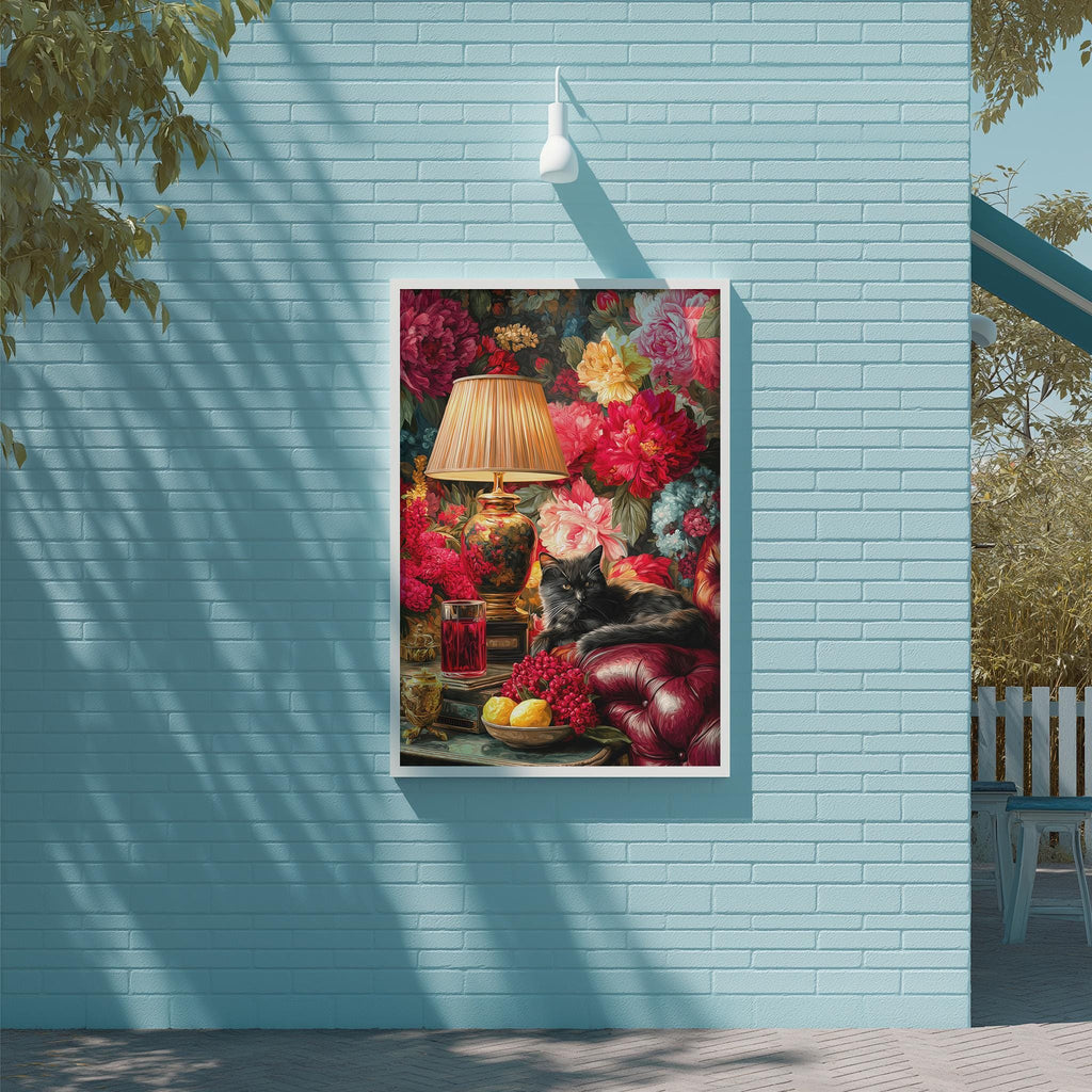 A framed painting depicting a vibrant floral arrangement is displayed on a blue wall, with a lamp and other decorative items visible in the background.