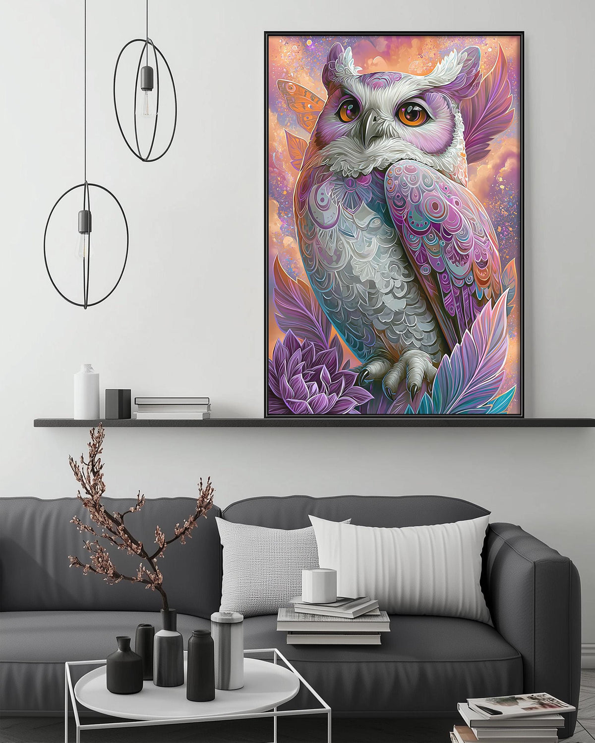 a large, colorful painting of an owl hanging on a wall above a gray couch in a living room setting.