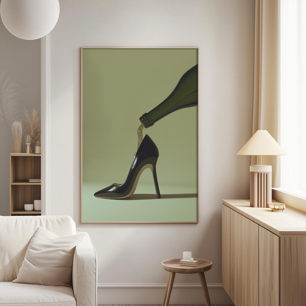 a large framed artwork depicting a high-heeled shoe with a bottle of champagne pouring out of it, set against a green background.