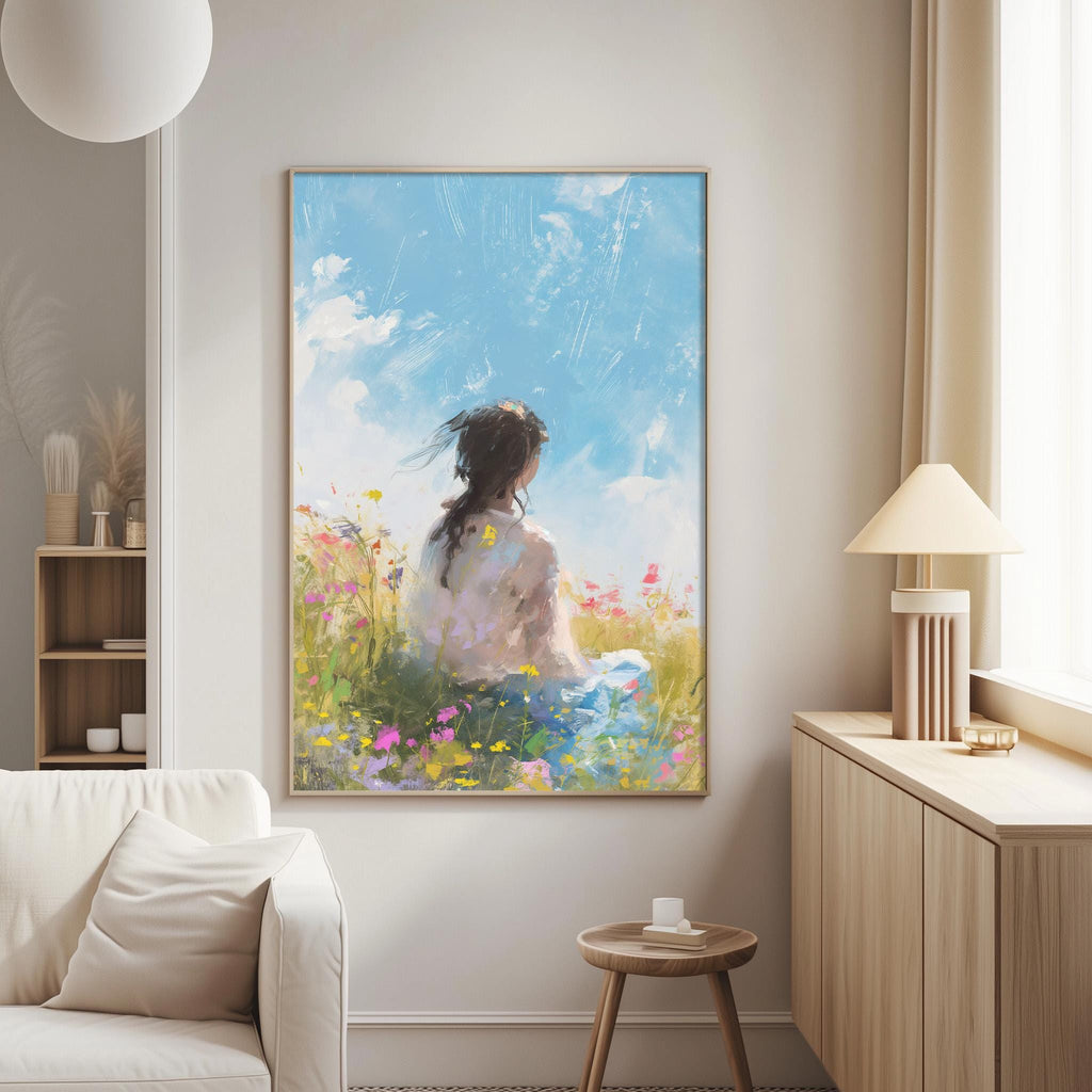a large painting of a woman sitting in a field of flowers, with a blue sky and clouds in the background.