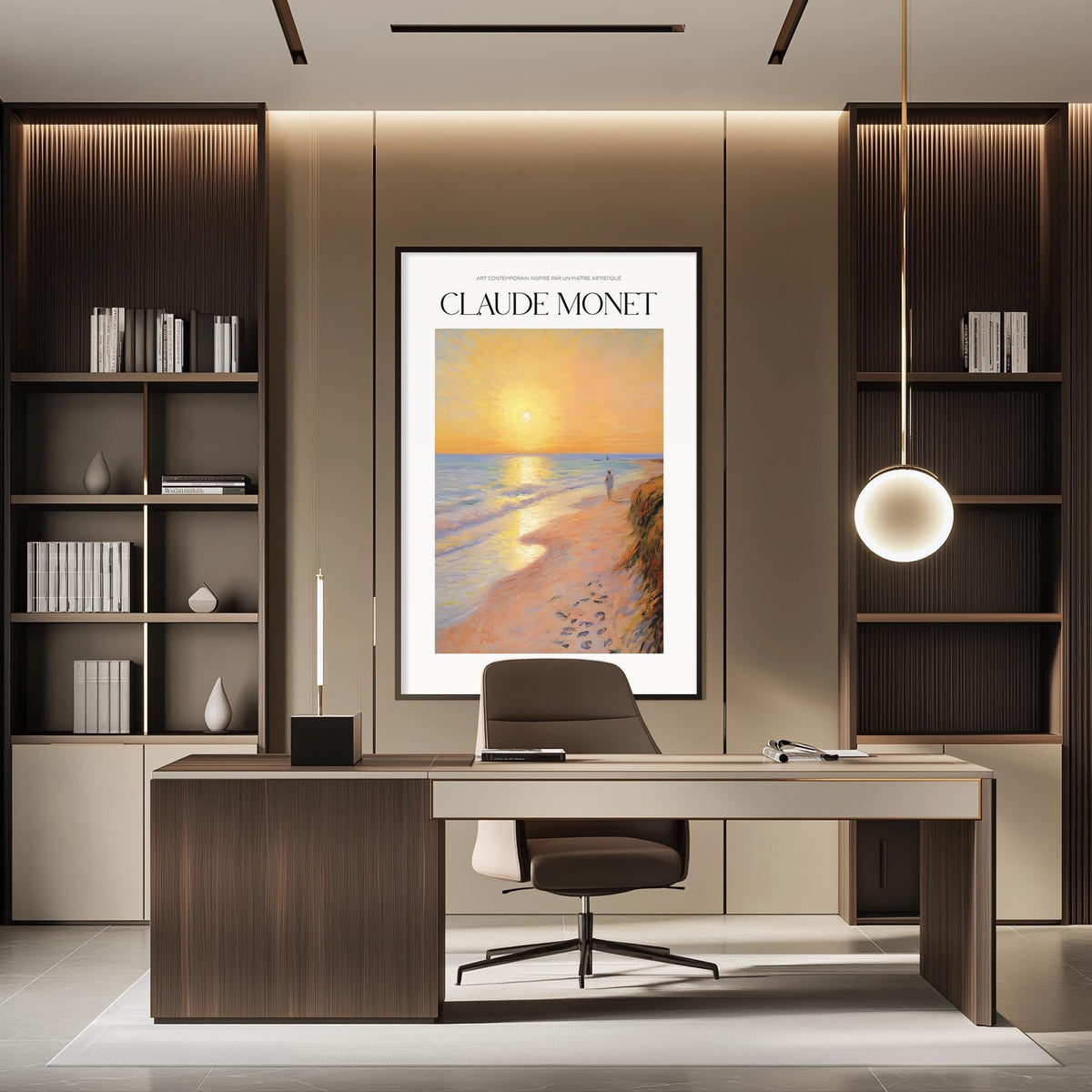 a modern office space with a large framed painting of a beach scene hanging on the wall above a desk with a chair.