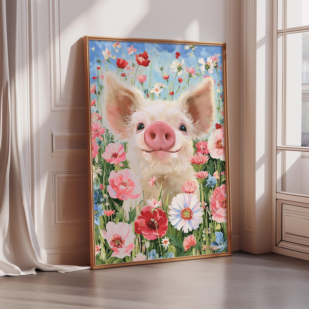 A framed painting of a pig surrounded by a vibrant field of flowers, including pink and white flowers, against a blue sky background.