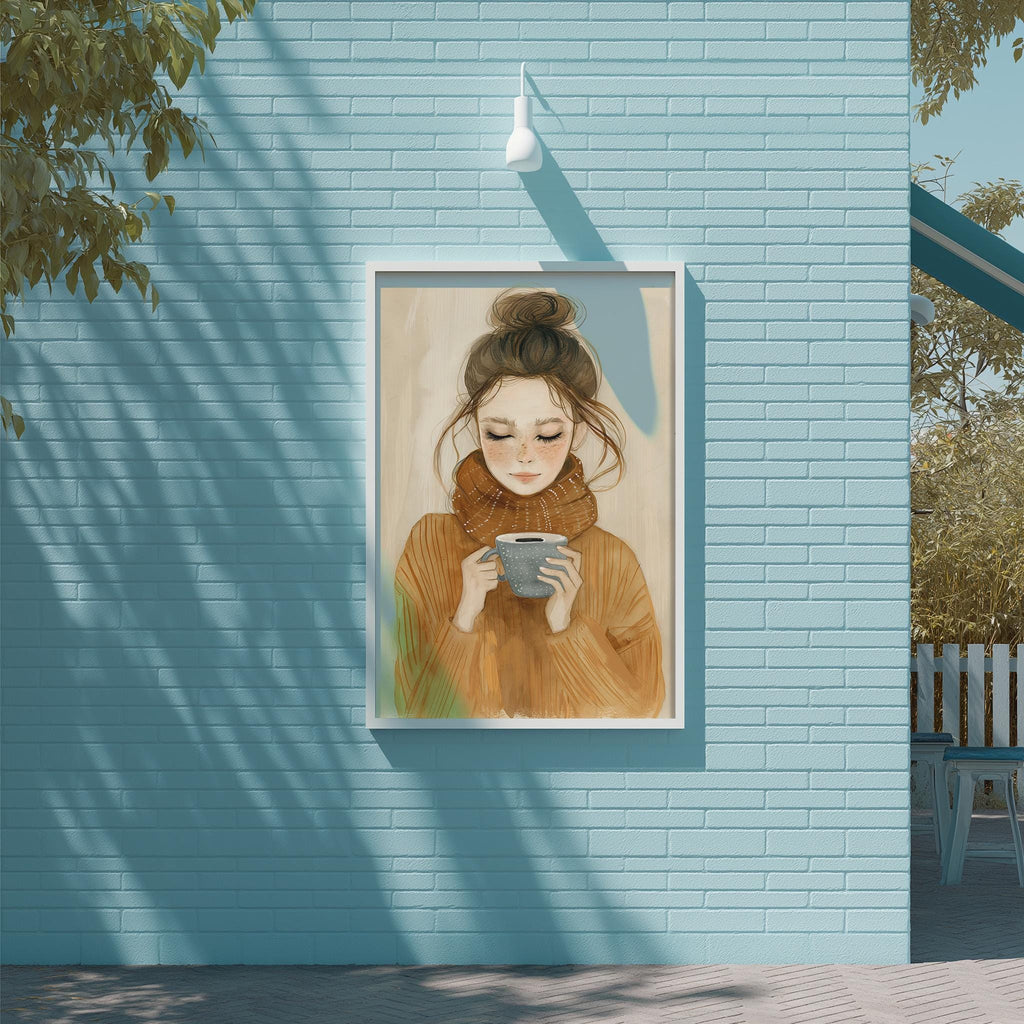 a framed painting of a woman with a cup of coffee, hanging on a blue brick wall.
