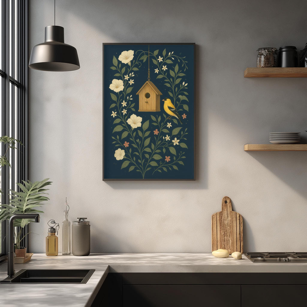 a kitchen counter with various kitchen items, including a wooden cutting board, a soap dispenser, and a small plant. Above the counter, there is a framed picture of a birdhouse surrounded by flowers and leaves, creating a charming and cozy atmosphere.