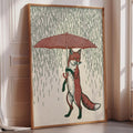 A framed illustration of a fox holding an umbrella, standing in the rain.