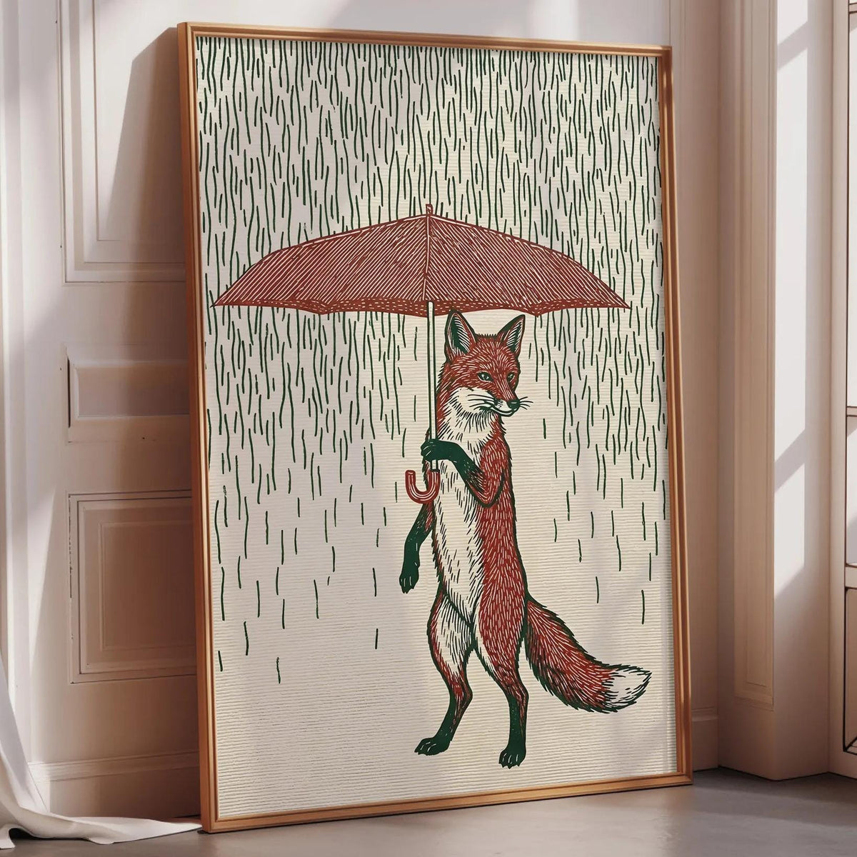 A framed illustration of a fox holding an umbrella, standing in the rain.
