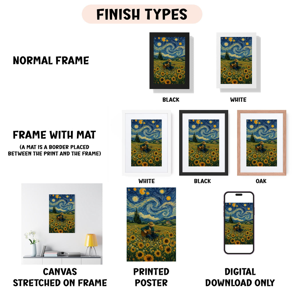 various types of artwork, including a canvas stretched on a frame, a framed poster, and a digital poster. The artwork is presented in different frame colors and styles, such as a normal frame, a black frame, a white frame, and an oak frame. The artwork is described as a canvas stretched on a frame, a framed poster, and a digital poster, and it is presented in different frame colors and styles, such as a white frame, a black frame, and an oak frame.