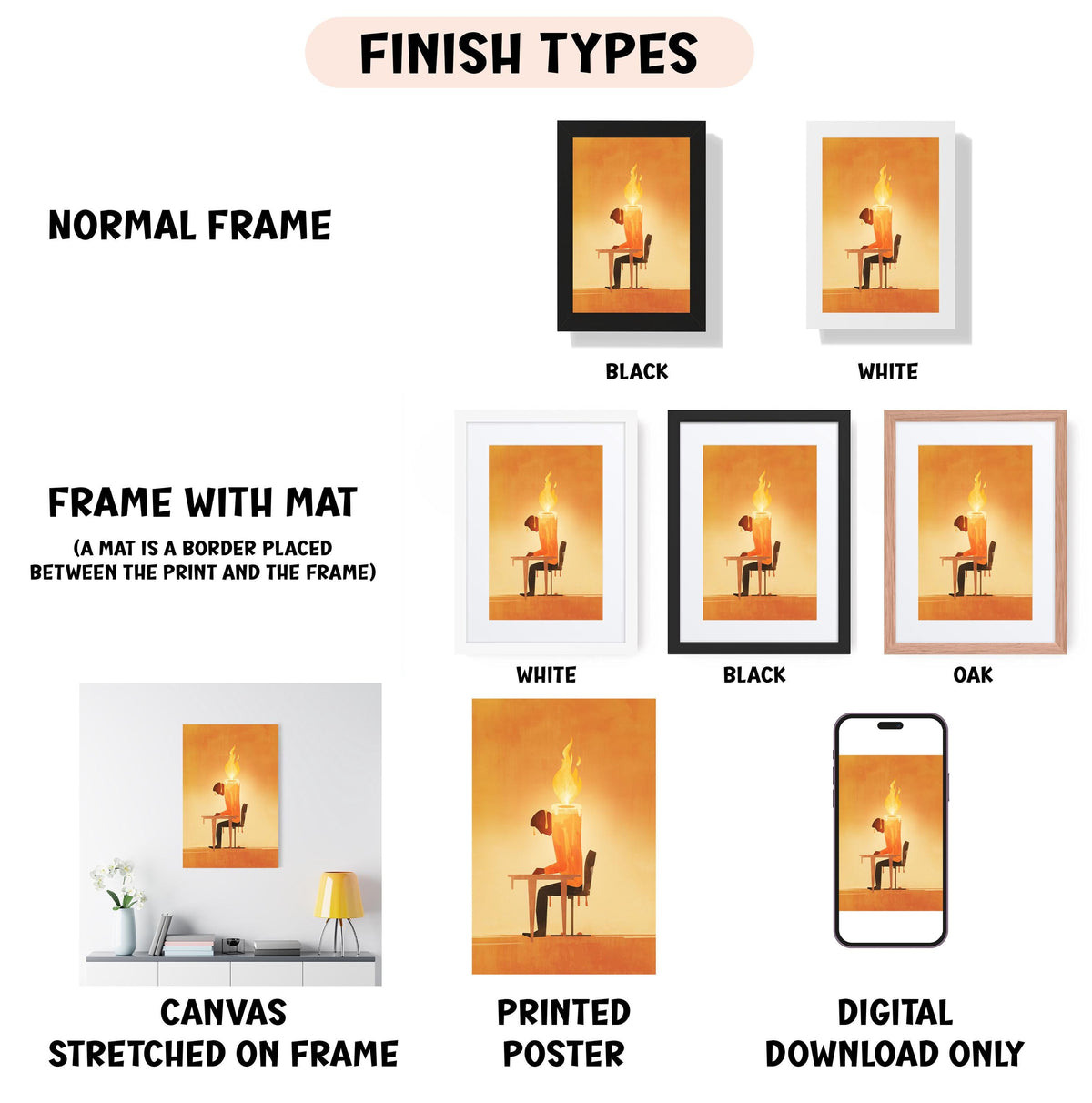 various types of artwork, including a canvas stretched on a frame, a framed poster, and a digital poster. The artwork is presented in different frame colors, such as black, white, and oak. The artwork is described as a "NORMAL FRAME" and "FRAME WITH MAT" in different sentences, and it is also referred to as a "CANVAS STRETCHED ON FRAME" and a "PRINTED POSTER". The image is described as a "DIGITAL DOWNLOAD ONLY" and includes a "CANVAS STRETCHED ON FRAME" and a "FRAME WITH MAT".