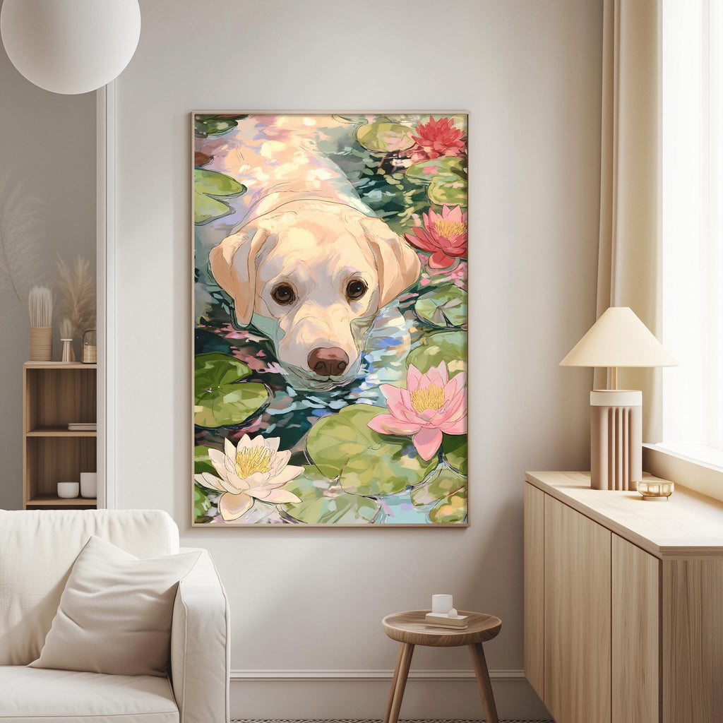 a large, colorful painting of a dog swimming in a pond with lily pads and pink flowers. The painting is hanging on a wall in a living room setting, with a white couch and a wooden side table nearby.