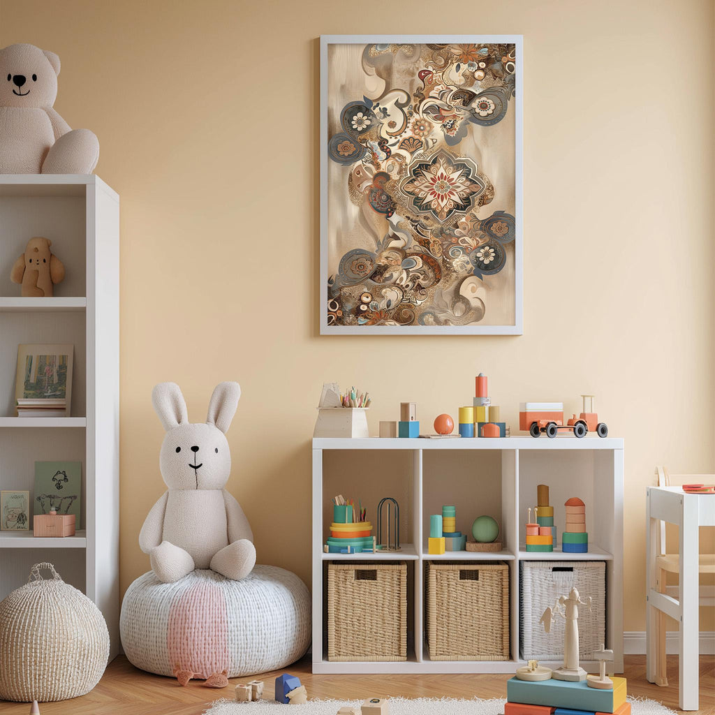 A cozy and colorful children's bedroom with a large stuffed rabbit, a bookshelf, and a toy storage unit filled with toys and books.