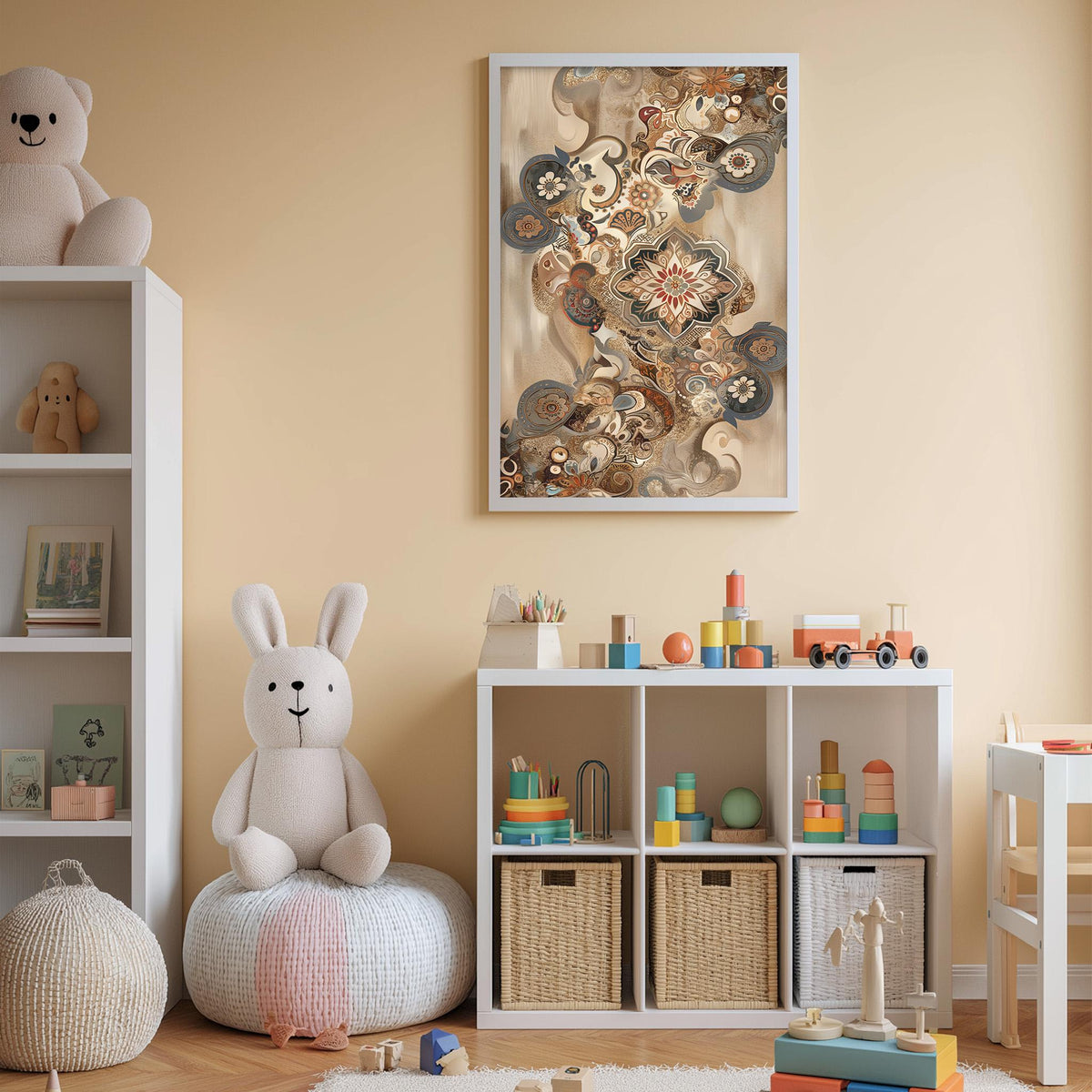 A cozy and colorful children's bedroom with a large stuffed rabbit, a bookshelf, and a toy storage unit filled with toys and books.