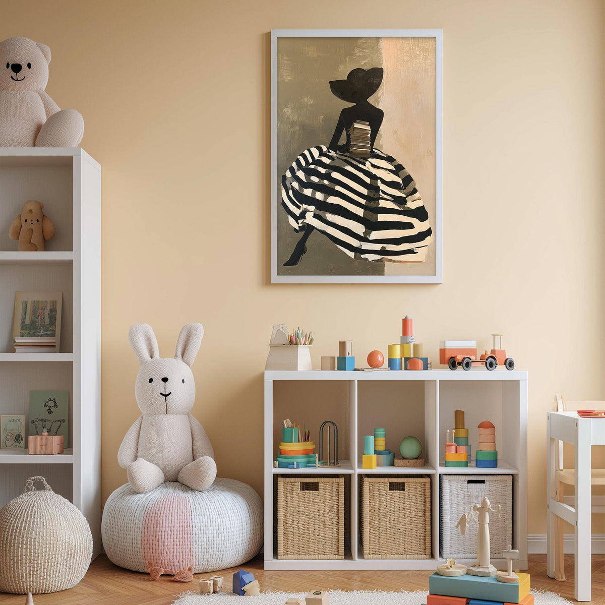 A cozy children's room with a white dress-up bunny, a shelf with toys, and a framed artwork of a woman in a dress.