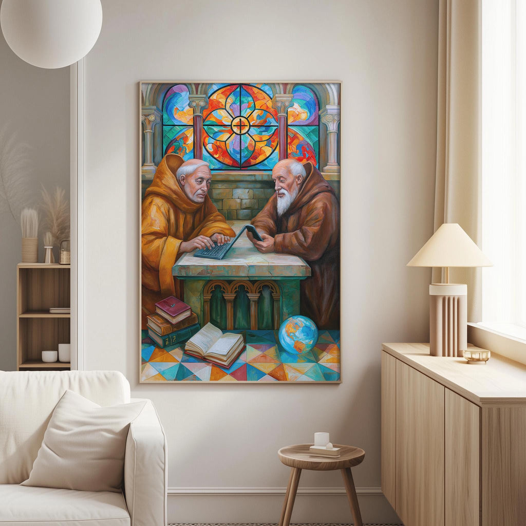 two monks engaged in a discussion, with one holding a book and the other a tablet, in a colorful and ornate setting.