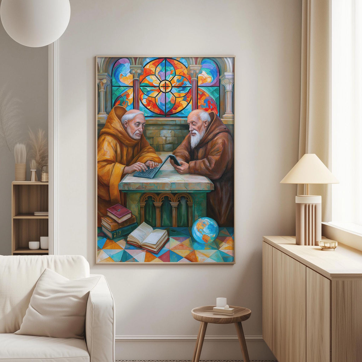 two monks engaged in a discussion, with one holding a book and the other a tablet, in a colorful and ornate setting.