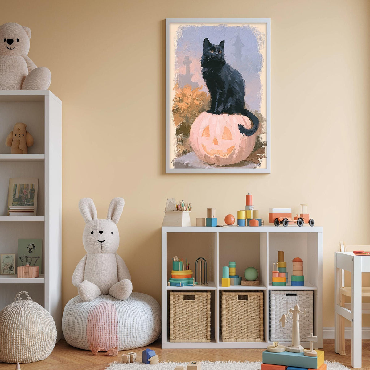 a cozy and playful children's room, featuring a white rabbit sitting on a bean bag chair, a black cat perched on a pumpkin, and a bookshelf filled with toys and books.