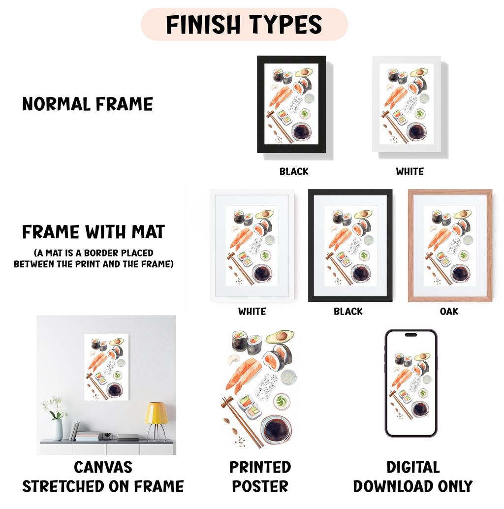 various finish types for a framed artwork featuring sushi. It includes a normal frame, a frame with a mat, a white frame, a black frame, an oak frame, a printed poster, and a digital download only.