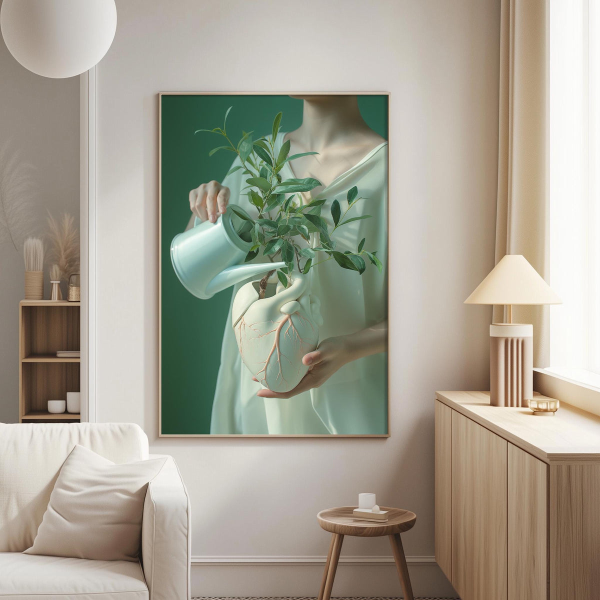 a person holding a plant with a watering can, surrounded by a serene and calming environment.